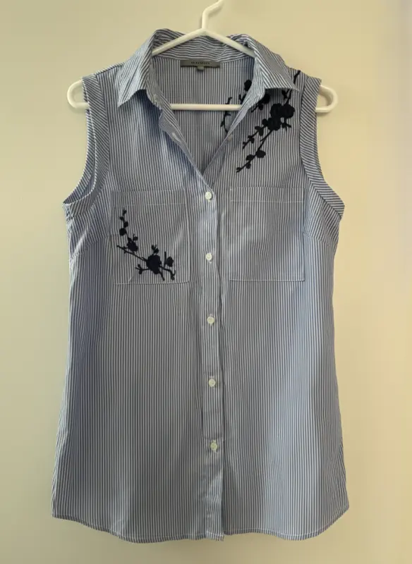 Blusa manga cero a rayas celeste marca basement talla XS